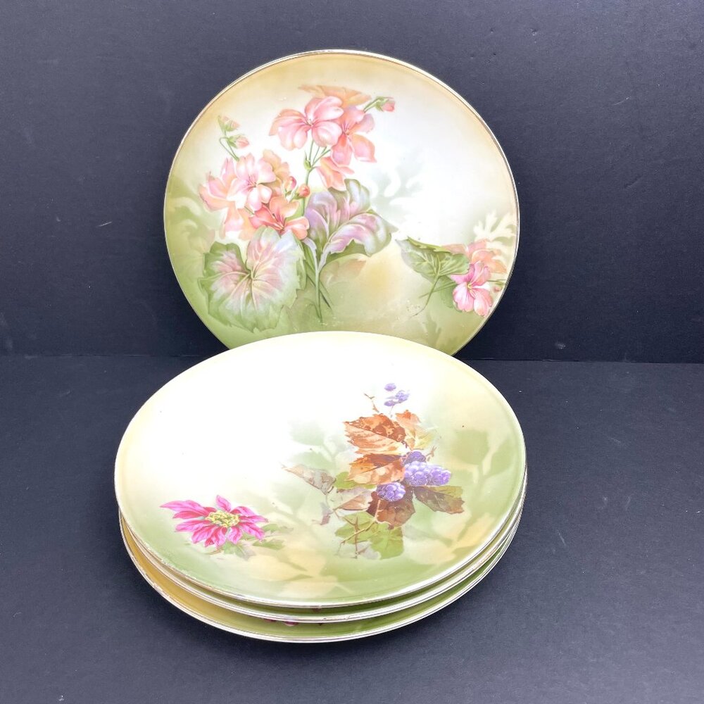 Antique Set of 4 R.S. Germany Porcelain Plates Hand Painted Floral 7.5” 1900 s